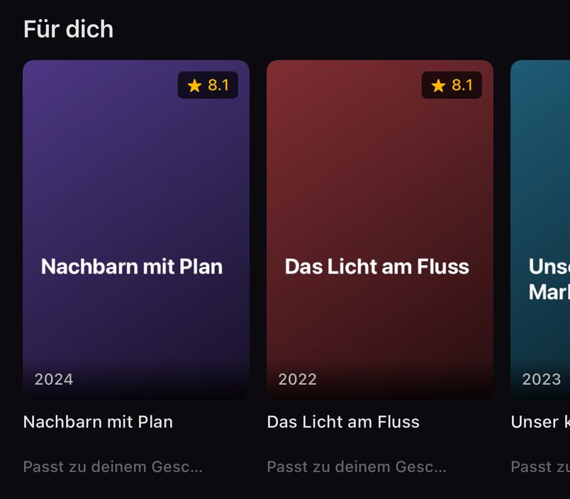 TELOS IPTV Player for iPhone: German onboarding excerpt of the personal “For you” row with fictional demo titles.