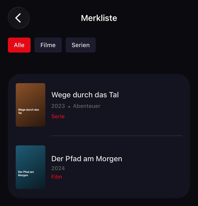 TELOS watchlist for movies and series: German onboarding excerpt from the universal iPhone and iPad app with demo titles.