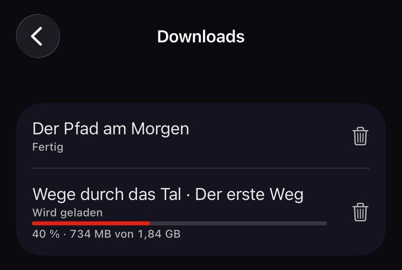 TELOS downloads: German onboarding excerpt with a saved movie and an episode downloading, using demo titles.