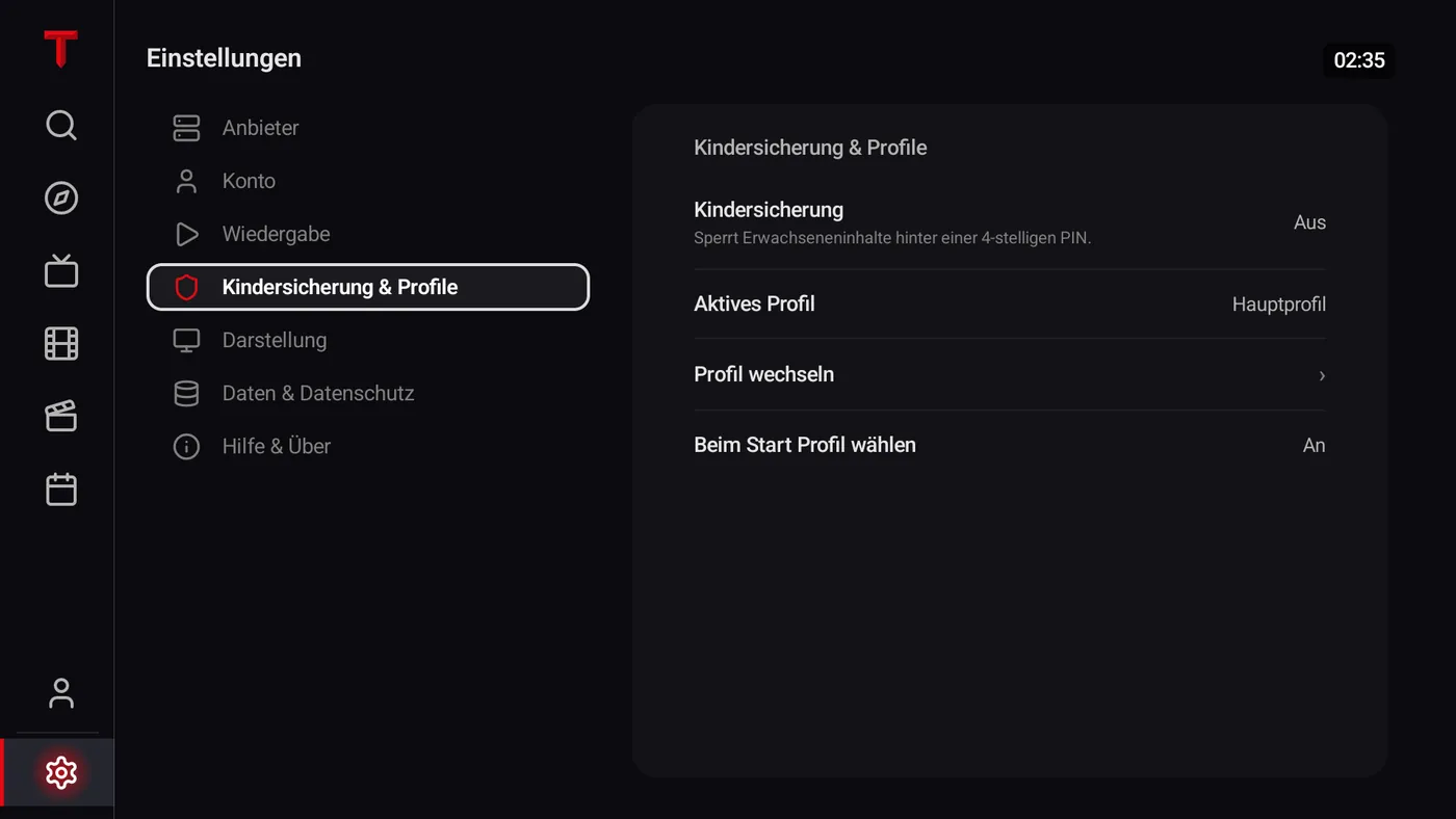 TELOS IPTV Player on Fire TV: German demo of profile settings with the active profile and profile switching.