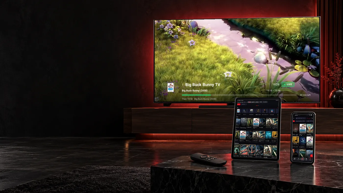 IPTV Player for Fire TV: TELOS campaign artwork with a TV, tablet, smartphone and remote.